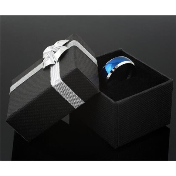 Men's Blue Domed Wedding Band with Beveled Silver Edges - Men's Wedding Rings - Picture 3 of 8